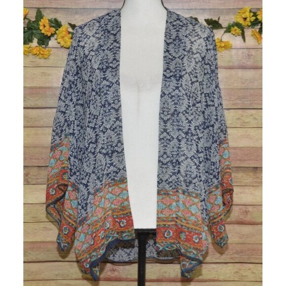 Renee C Top Women's M Blue Mixed Print Open Front Cardigan Boho Hipster Sheer - Picture 4 of 11